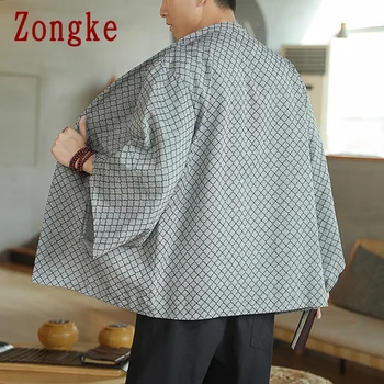Zongke Argyle Koberčeky Kimono Mužov Oblečenie 5XL Harajuku Kimono Cardigan kórejský Módne Mužov Košele 2021 Letné novinky