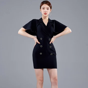 Čierne Mini tesné Šaty jeden kus kórejský dámy Letné Sexy prehrabať krátky Rukáv s drážkou kancelárie strany bodycon Šaty pre ženy