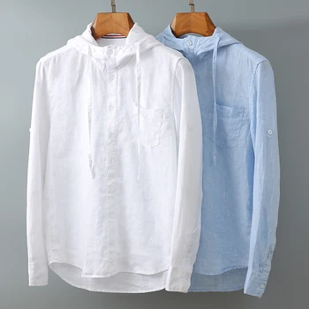 Čistá Bielizeň Pre Mužov Long Sleeve Hooded Shirt Solid White Blue Hat Stojan Golier Pulóver Topy Mužskej Módy Bežné Denné Oblečenie