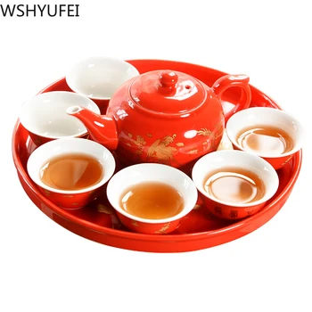 Čínske tradičné svadobné keramické čaj nastaviť Retro červená dvojité šťastie kanvica šálku čaju Newlywed darček Svadobné dodávky WSHYUFEI