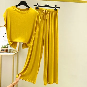 Ženy Pyžamá 2021 Lete Modálne Domov Vyhovuje Ženskej Plus Veľkosť T-shirt+Šnúrkou Voľné Nohavice Capri 2 Dielna Sada Tepláky X206