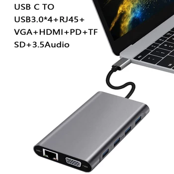 11 v 1 USB C HUB na Multi USB 3.0 Adaptér Dokovacej stanice pre MacBook Typ C 3.1 Splitter 3 Port Notebooku dokovacej stanice VGA HD