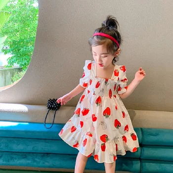 2-7 ročná dievčina jahodová tlač šaty letné dievča nový štýl zahraničných štýl krátky rukáv bavlna pláži dovolenku šaty sukne