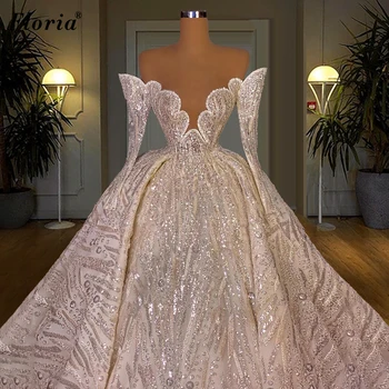 2 Štýly Lesk Svadobné Šaty A-Line Dlhé Rukávy Princezná Svadobné Šaty Luxusné Romantické Svadobné Šaty Vestido De Noiva