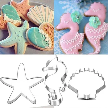 3ks Seahorse Zeester Schelpen Cookie Cutter Morská víla Verjaardagsfeestje Decoratie Diy Biscuit Schimmel Bakken Nástroj