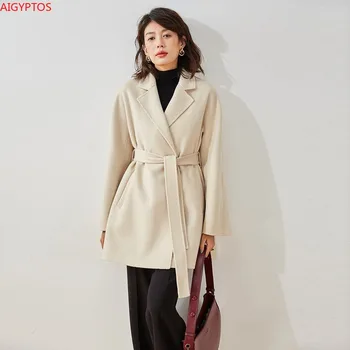 AIGYPTOS 2020 nové jesenné a zimné klasické bežné strednej dĺžky cashmere all-zápas-line vlny kabát, bundu ženy