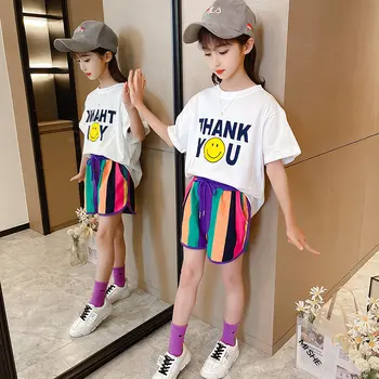 Detské Oblečenie Dievčatá v Lete v Pohode Tenký List Vytlačiť T-Shirt A Rainbow Pruhované Šortky, Kostýmy Teenage Bavlna Obleky 4-13Yrs