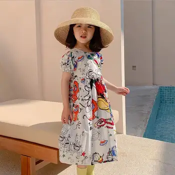 Dievča backless módy tlače šaty 2021 lete nová krátka bavlna vysokej kvality šaty deti Graffiti dovolenku šaty oblečenie wz152