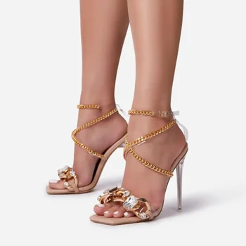 Dámske sandále 2021 hot štýl reťazca zlatý pásik priehľadný pás veľké veľkosti pohodlné super vysokým podpätkom žien čerpadlá topánky