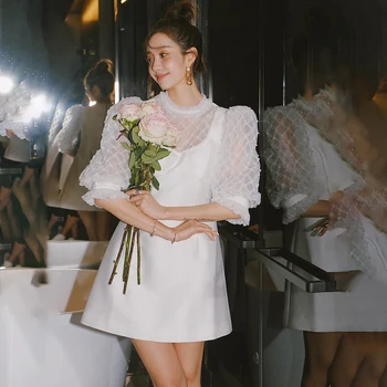 Francúzsky Ročník Elegantné Ženy Lístkového Rukáv Biele Mini Šaty Perly Koberčeky Prinncess Party Šaty Nové 2021 Lete