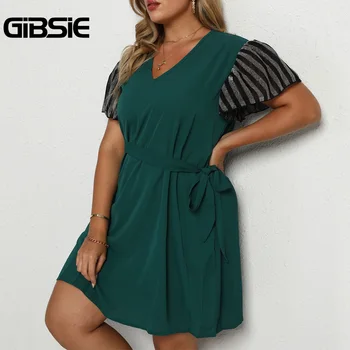 GIBSIE Plus Veľkosť V Krku Krátky Rukáv A-line-Belted Šaty Žien Lete Vysoký Pás Úrad Bežné Dámske Mini Šaty 4xl xxxl