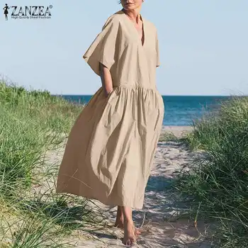 Kaftan Pevné Maxi Šaty dámske Letné Sundress ZANZEA 2021 Bežné Polovičný Rukáv Vestidos Žena V Krku Župan Femme Nadrozmerné