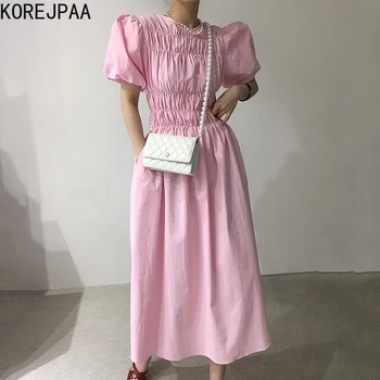 Korejpaa Ženy Šaty 2021 Lete Kórejský Elegantné Sladké Veku-Zníženie Skladaný Chudnutie Solid Farba Svietidla Rukávy Veľká Swing Vestido