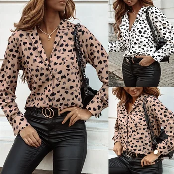 Košieľka Femme 2021 Módy Blúzky, pre Ženy Oblečenie Srdce Leopard Dlhý Rukáv Office Ženská Blúzka Elegantné Košele Blusas