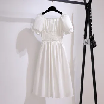 Kórejský Bežné Lístkového Rukáv Tričko Šaty Žien Námestie Krku Nepravidelný Víla Biela Dlhé Letné Šaty 2021 Žena Elegantné Party Vestido