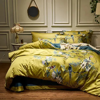 Luxusné 100S Satin Egyptskej Bavlny Vtákov, rastlín, Kvetov, Digitálna Tlač posteľná bielizeň Nastaviť Perinu Posteľná Bielizeň Vybavené List obliečky na Vankúše
