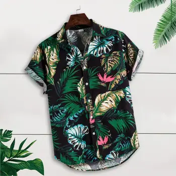 Muži Krátky Rukáv Klope Vytlačené Tričko Tropické Leaf Kvetinový Vzor Tričko Príležitostné Letné Hawaiian Dovolenka Camisa TopsM-3XL