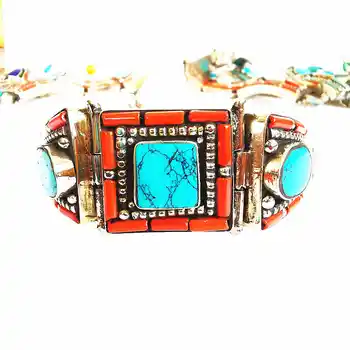 Nepál vintage Šperky, Módne Kovové Prívesky Mozaikové Farebné Kamenné BOHO Tanec Otvorená Manžeta Medailón BB-003