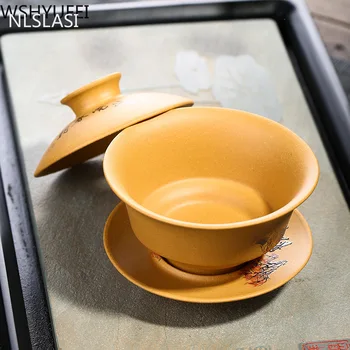 NLSLASI Yixing Fialová Hliny Gaiwan zisha Teaset Čínsky Teaware tureen veko misa, tanier, čaj, pivo, čaj, pohár na Mieru Darček 130ml