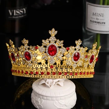 Nový design Veľké Guľaté Tiaras A Koruny, Zlato Red Crystal Diadem Pre Kráľovná, Princezná, Kráľ Svadobné Svadobné Doplnky do Vlasov Headpiece