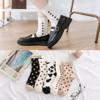 Nový Japonský roztomilý dámske ponožky čierne kvetované kórejský kvet loď ponožky kawaii dámske bavlnené ponožky Harajuku zábava jahoda ponožky