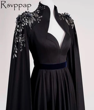 Perlové Dlhý Rukáv, Čierna Dlhé Večerné Šaty 2021 Elegantné Vysoká Krku Satin A-line v Dubai Moslimských Žien Strana Formálne Večerné Šaty