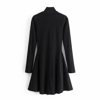 PSEEWE Jarné Šaty 2021 Za Čierna Rebrovaný Zip Krátke Šaty Žien Bežné Vysoký Krk Dlhý Rukáv Šaty Žena Streetwear Módy