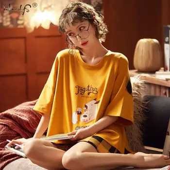 Pyžamá pre ženy bavlna cartoon žien sleepwear letné krátke šortky rukávy okrúhle krčný vyhovovali tenké nightgown