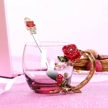 Red Rose Smalt Crystal hrnček Kvet Čaj Sklo High-grade Sklo Pohár Kvet Hrnček s Rukoväti Ideálny Darček Pre Milovníka Svadbu