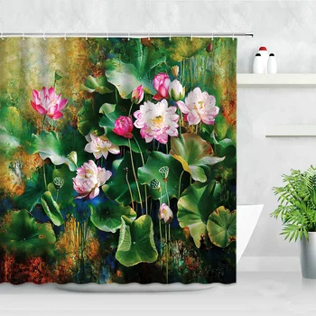 Ružová Lotus Čínsky Štýl, Sprchový Záves Zelené Listy Retro Tehlovej Steny Vzor Tvorivé Moderná Kúpeľňa Opony Nepremokavé Dekor
