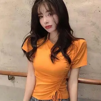 Sexy deravé pupkom hore krátky rukáv pozor, stroj univerzálny obväz T-shirt 2021 nový kórejský nepravidelný tričko