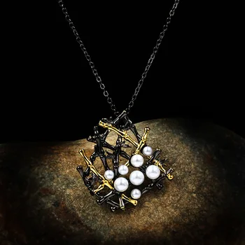 Taliansko Šperky Žena Baroková Perla 925 Sterling Silver Náušnice, Prsteň Vintage Náhrdelník Duté Čierne Zlato Svadobné Šperky Set