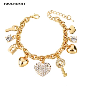 TOUCHEART Luxusné Slávnej Značky Zlatá Reťaz Náramky Krištáľové Srdce Kľúče Náramky Pre Ženy, Vianočné Šperky Náramok Sbr140221