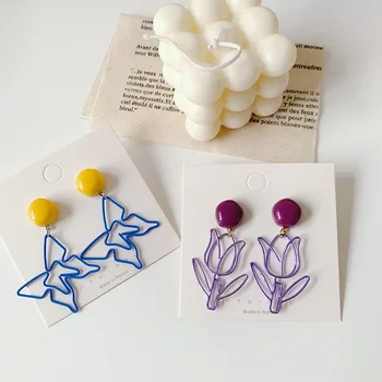 Vintage Visieť Náušnice Pre Ženy Fialová Tulipán Kvetinový Náušnice Duté Motýľ Kovové Šperky v uchu