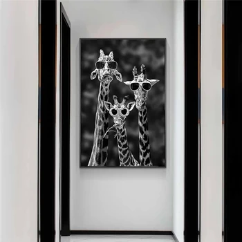 Vtipné Žirafa Rodiny s Okuliare Plátno na Maľovanie Čiernej a Bielej Zvieratá Plagáty a Tlačí na Steny Umenie Fotografie pre Home Decor