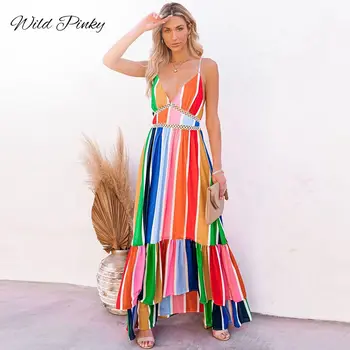 WildPinky 2021 Letné Plážové Šaty Žien Farebné Pruhované Tlač Boho Dlhé Šaty Bežné Tvaru Pozdĺžne Sexy Party Šaty Vestidos