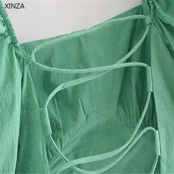 Za 2021 Viazaná Orezaný, Blúzky, Ženy Krátke Lístkového Rukáv Backless Sexy Letné Top Späť Prešiel Špagety Popruhy Vintage Zelené Tričko
