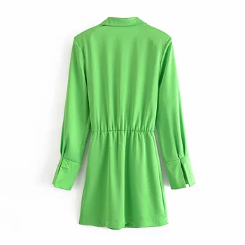 Za 2021 Zelené Tričko Šaty Žien Vintage Klope Dlhým Rukávom Letné Šaty Elegantné Predné Zloženke Elastický Pás Office Dámske Mini Šaty