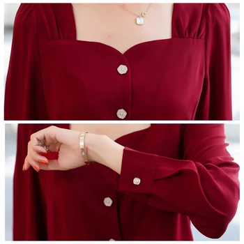 Červené odrazové ženy, blúzky, jar, jeseň dlhým rukávom námestie golier ležérne košele ženy top ročník sladké pearl tlačidlo skladaný tričko
