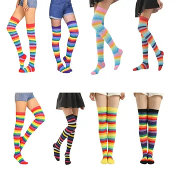 Ženy, Dievčatá Fantázie Rainbow Farebné Pruhy Nad Kolená Dlhé Ponožky Halloween Cosplay Kostým Pletené Stretchhy Stehná Vysoké Pančuchy
