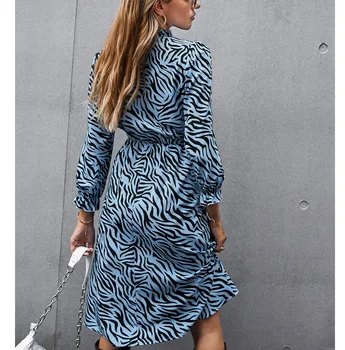 Ženy Šaty 2020 Elegantný Módy Zebra Vzor Tlače Midi Šaty Vintage Dlhý Rukáv výstrih Ženských Šiat Vestidos Mujer#g30