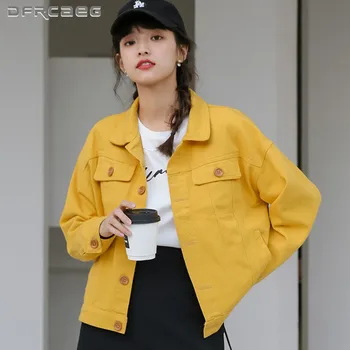 Žltá Streetwear Žien Denim Kabát S Vrecku 2021 Jar Voľné Dlhý Rukáv Bežné Bundy Džínsy Retro Outwear