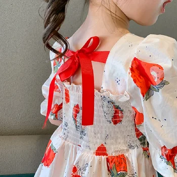2-7 ročná dievčina jahodová tlač šaty letné dievča nový štýl zahraničných štýl krátky rukáv bavlna pláži dovolenku šaty sukne