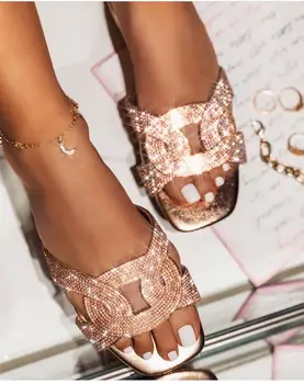 2020 Lete Bling Bling Ženy Zlaté Sandále Diamanty Crystal Lesklé String Perličiek Topánky Dizajnéri Vonkajšie Dovolenku Listov