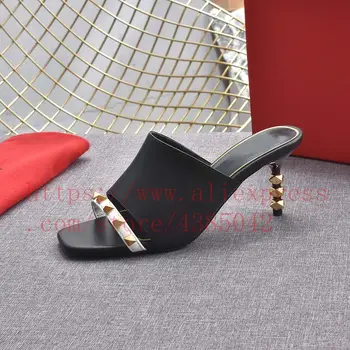 2021 Letné Sandále Ženy Stiletto Nity American High--Podpätky Pohode otvorenou Špičkou Papuče Elegantné Šľapky Väčšie Veľkosti 6.5 cm, Čierny