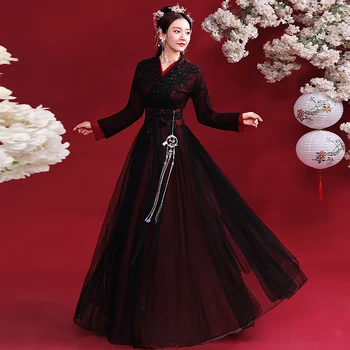 2021 Pôvodné Starobylé Štýl Lepšiu Hanfu Žena Black Elegantný Hanfu Šaty Čínske Ľudové Tanečné Kostýmy Výkon Oblečenie
