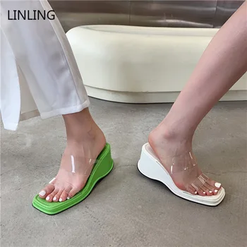 2021 Ženy, Papuče Módne Dámy PVC Transparentné Sandále Letné Vonkajšie Pláži Žena Listov Platformu Kliny dámske Topánky