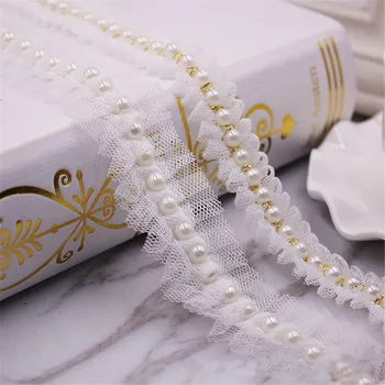 2Yards Vintage White Pearl Korálkové Bavlna Oka Vyšívané Čipky Stuhou Výbava Afriky Čipky Textílie Ručné Svadobné Šaty, Šitie