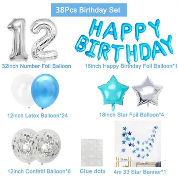 38pcs Silver Blue 32inch Počet Balónov 12. Happy Birthday Party Dekorácie 12 Rokov Dvanásť Chlapec 21 21. Muž Dodávky