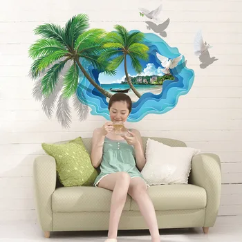 3D Pláž Coconut Tree Vtákov Samolepky na Stenu Domova Deti Izby Obývacia Izba Dekorácie, Tapety, PVC Rastliny DIY Art Nástenné Plagát